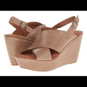 Born Emmy Tan Leather Wedge Slingback Sandals NEW